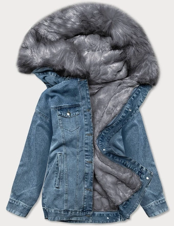Damska kurtka jeansowa z futrzaną podpinką niebiesko-szara (br9588-5009)