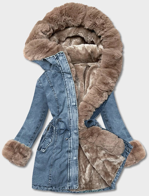 Damska kurtka jeansowa na futrzanej podszewce niebieski/beżowy (B8068-50012)