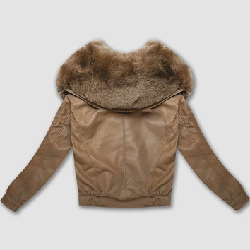 Skórzana kurtka z dużym futrzanym kołnierzem Glakate camel (LU98090#)