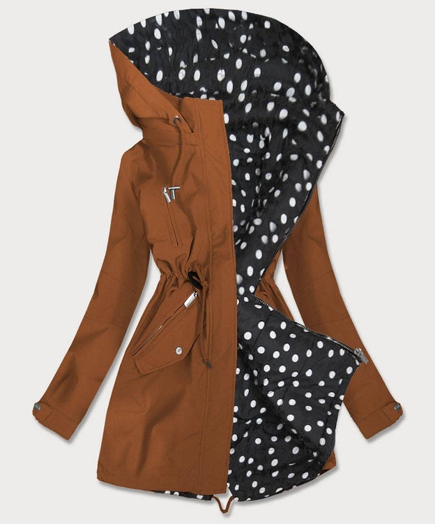 DWUSTRONNA PARKA DAMSKA Z KAPTUREM KARMELOWA W KROPKI (W354-1BIG)