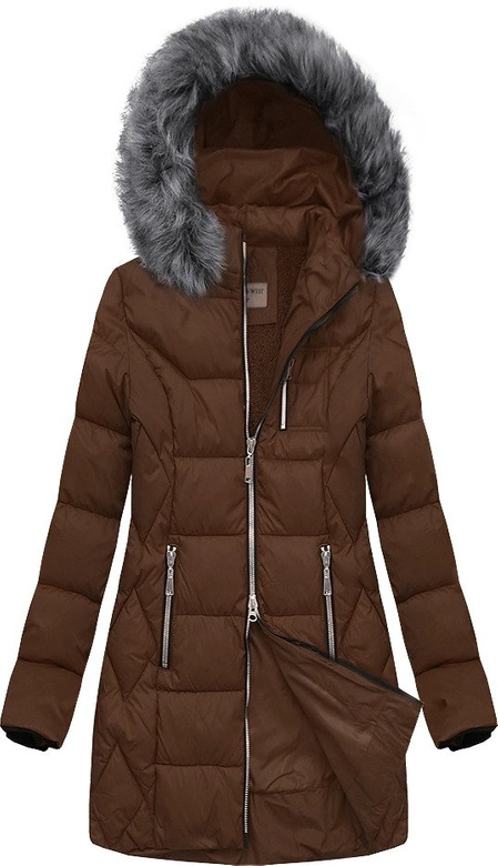 PIKOWANA DAMSKA KURTKA ZIMOWA Z KAPTUREM BRĄZOWA (B2644)