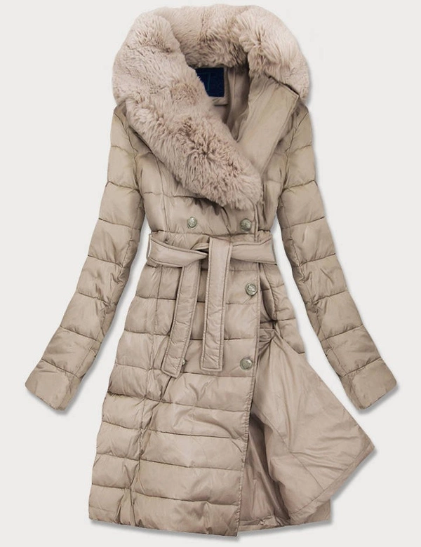 DAMSKI PIKOWANY PŁASZCZ Z FUTREM BEŻOWY (X001X)