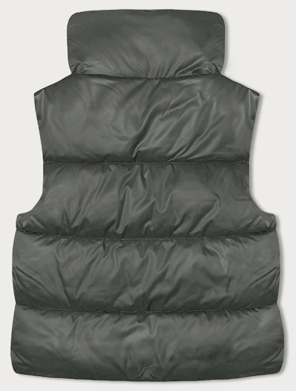 Krótki bezrękawnik damski ze stójką szarozielony (B8245-70)