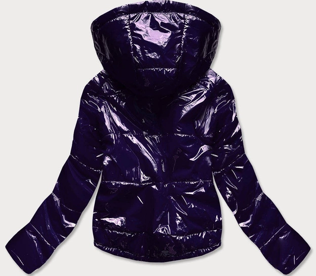 Błyszcząca pikowana kurtka damska z kapturem granatowa (b9560)