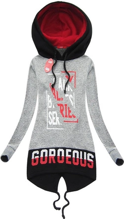 DŁUGA BLUZA Z NADRUKAMI I KAPTUREM JASNOSZARA (X1720X)