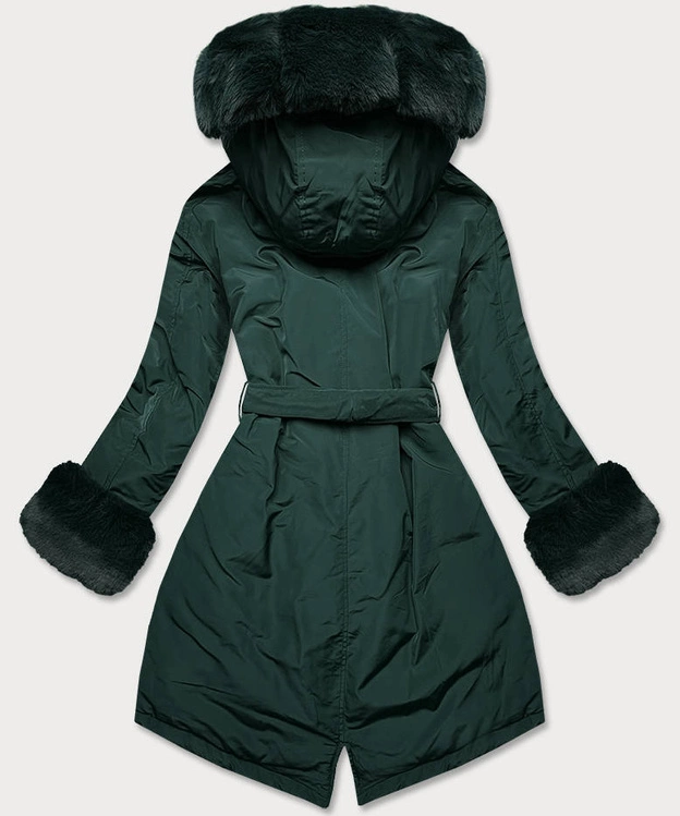 Zimowa kurtka damska z paskiem ciemnozielona (f7039-4)