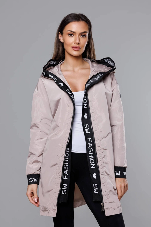 Cienka kurtka damska z ozdobną lamówką kakao (B8145-51)