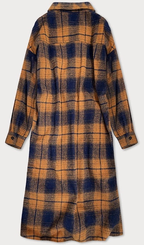 Koszulowy damski płaszcz w kratę brązowo-granatowy (8424)