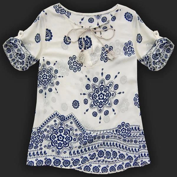 BLUZKA BOHO Z NADRUKAMI JASNOBEŻOWA (80195)