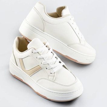 Sznurowane buty sportowe damskie biało-beżowe (s070)