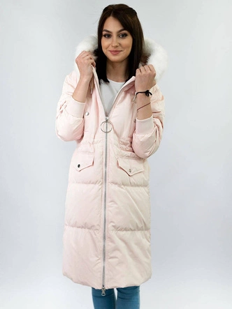 DAMSKI ZIMOWY PŁASZCZ Z KAPTUREM I PUCHEM NATURALNYM ŁOSOSIOWY (17117)