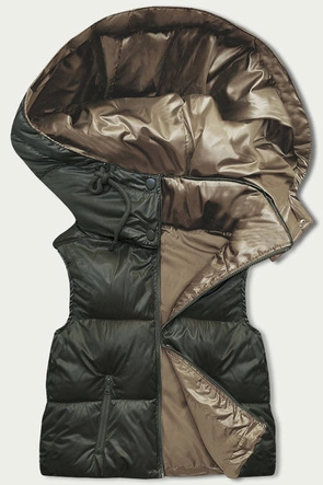 Krótki bezrękawnik damski z kapturem khaki (B8156-11)