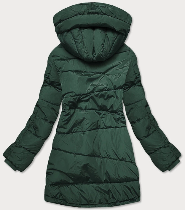 Asymetryczna kurtka damska zimowa butelkowa zieleń (m-21113)