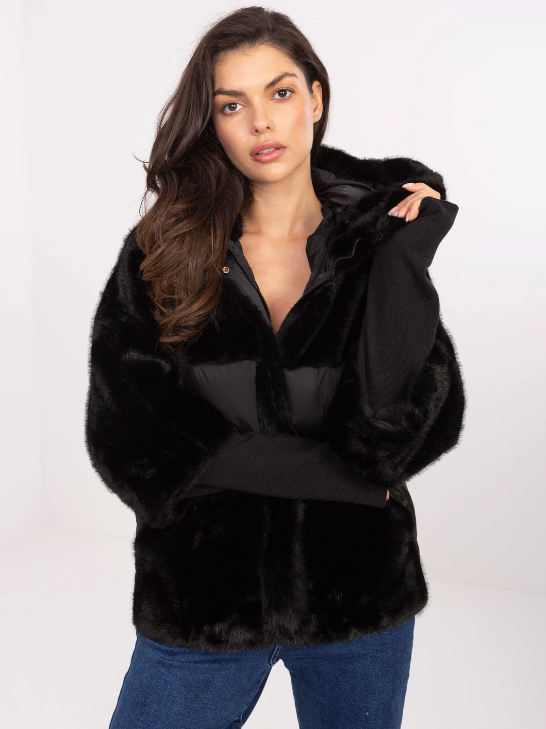 Luźna kurtka z łączonych materiałów czarna (WJ218)