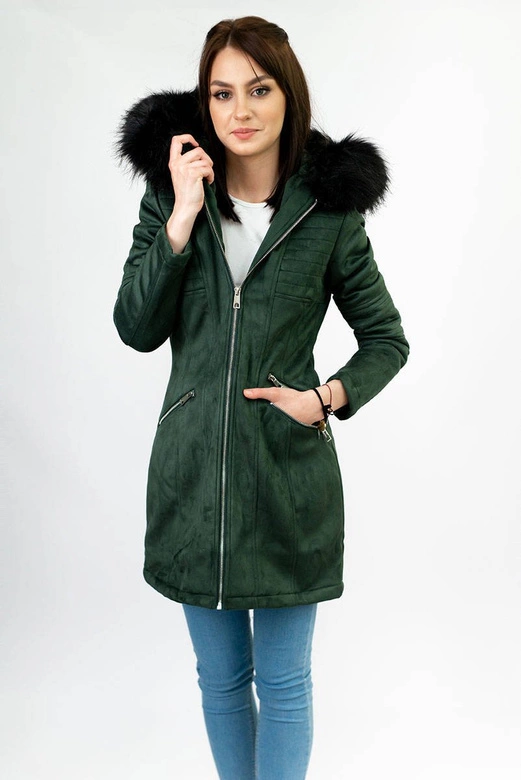 ZAMSZOWA DAMSKA KURTKA ZIMOWA Z KAPTUREM BUTELKOWA ZIELEŃ (6516)