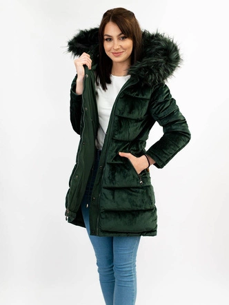 DWUSTRONNA DAMSKA PARKA ZIMOWA WELUROWA CIEMNOZIELONA (7911)