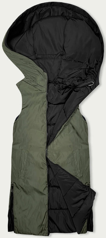 Długa kamizelka damska dwustronna czarna-khaki (B8159-1)