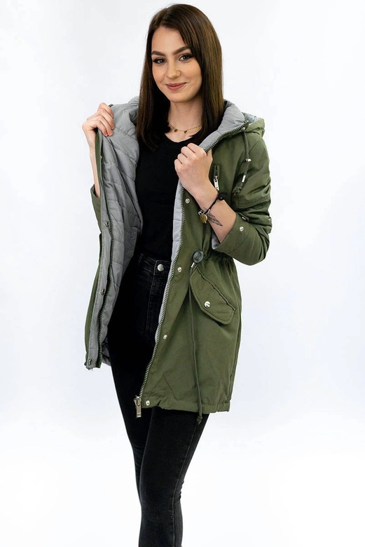 DWUSTRONNA PARKA Z KAPTUREM KHAKI-SZARA (W0232)