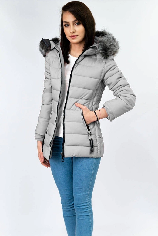 PIKOWANA DAMSKA KURTKA ZIMOWA Z KAPTUREM SZARA (XB9503X)