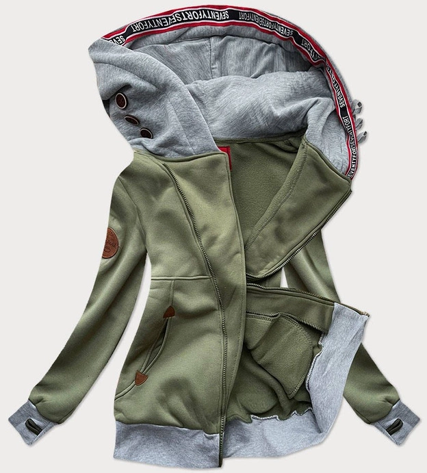 DŁUGA BLUZA DAMSKA Z ASYMETRYCZNYM ZAMKIEM KHAKI (560)