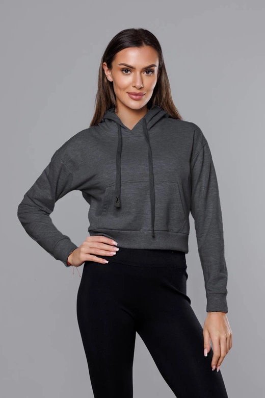 Krótka bluza dresowa z kapturem ciemnoszara (8B939-5)