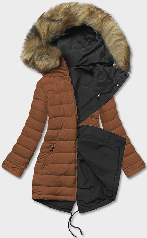 DWUSTRONNA KURTKA DAMSKA ZIMOWA CZARNA-KARMEL (2M-21508)