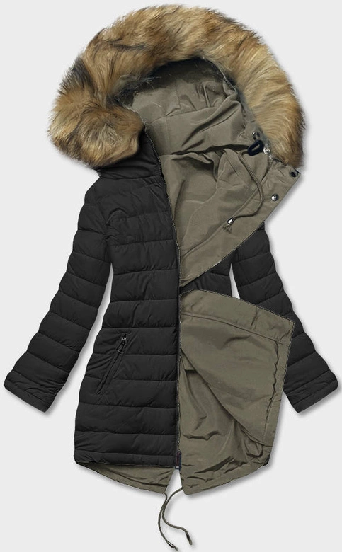 Dwustronna kurtka damska zimowa khaki-czarna (2M-21508)