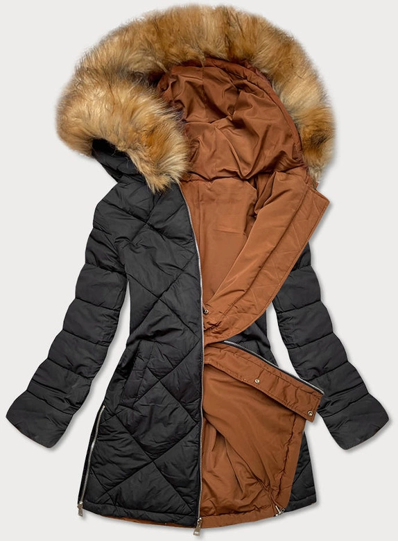 Dwustronna kurtka damska zimowa karmel-czarna (m-210a5)