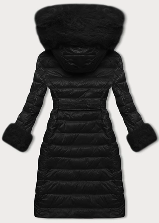 Puchowy płaszcz damski na guziki czarny (5M3160/1-392)