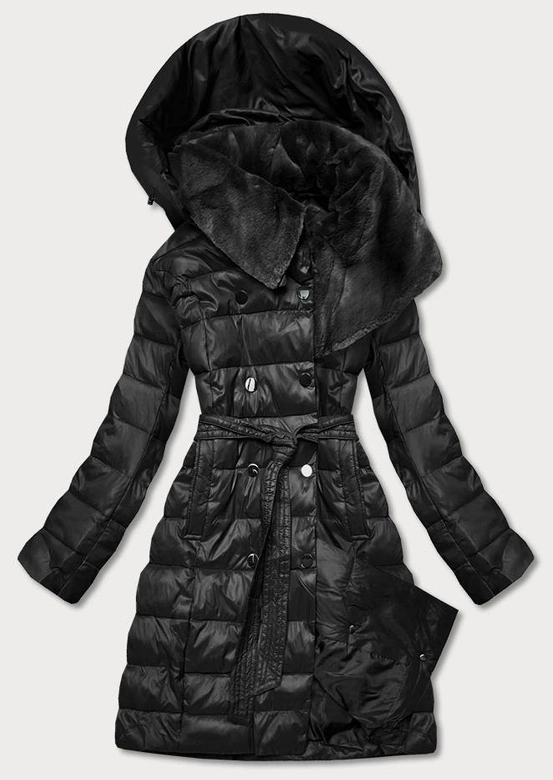 KURTKA ZIMOWA DAMSKA Z WYSOKĄ FUTRZNĄ STÓJKĄ CZARNA (J9-018)