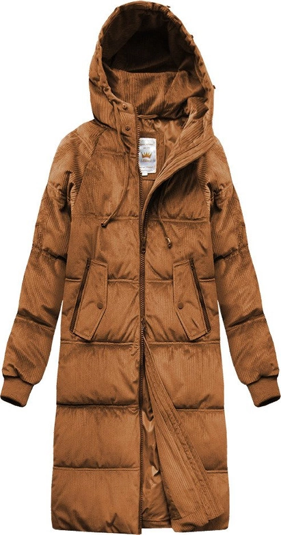 Zimowa sztruksowa kurtka damska z kapturem karmelowa (7763)