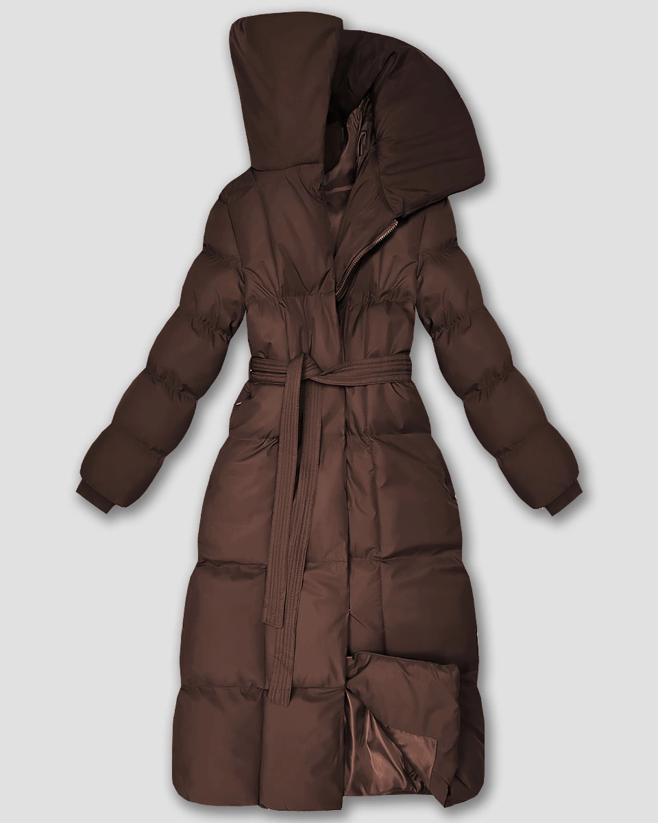 Długa zimowa kurtka damska z paskiem czekoladowa (5M3327-158)