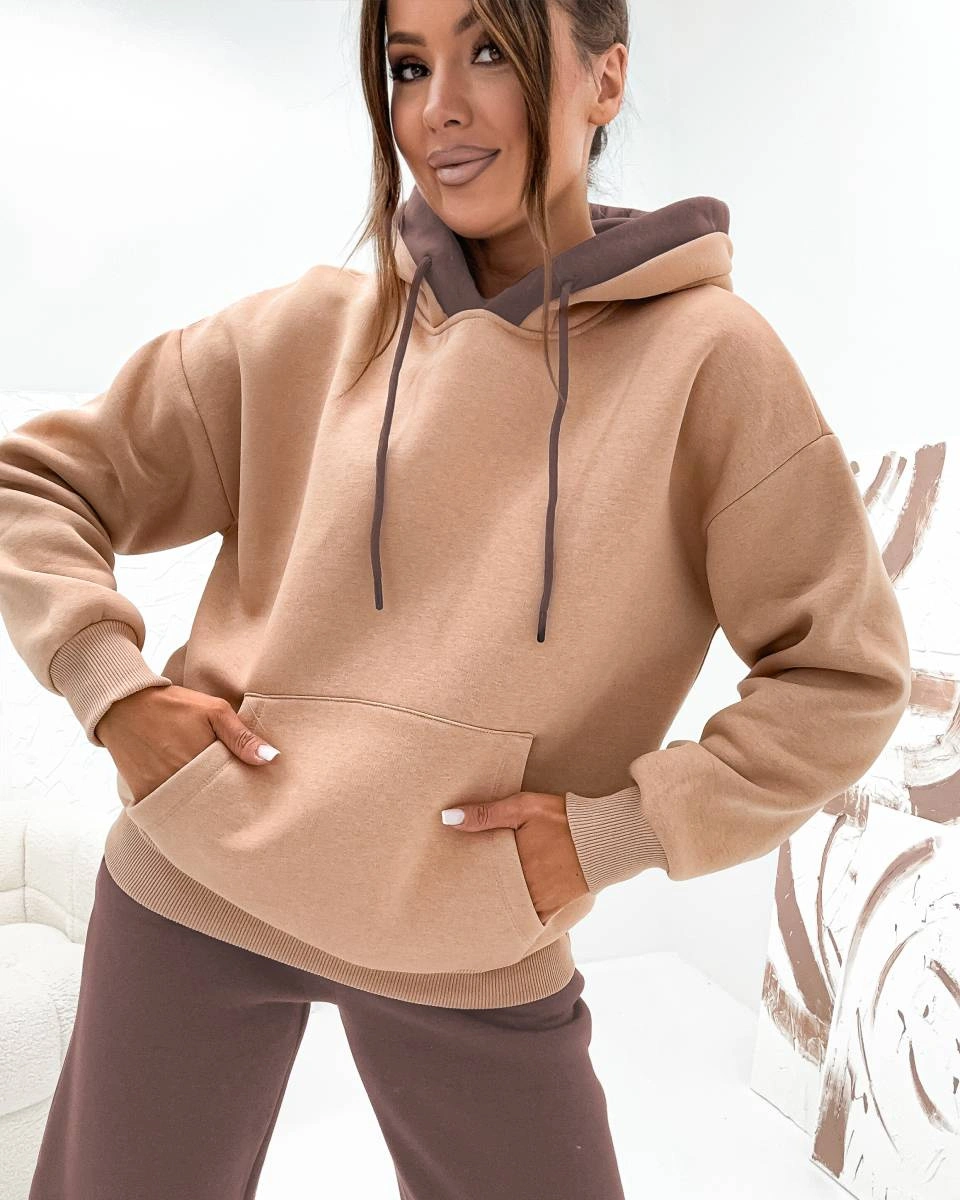 Gruby dwukolorowy dres damski czekoladowy (VE102)