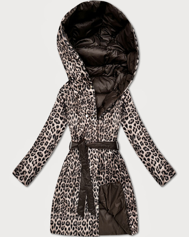 Dwustronna kurtka zimowa plus size czekoladowa/panterka (M6-6008-103)