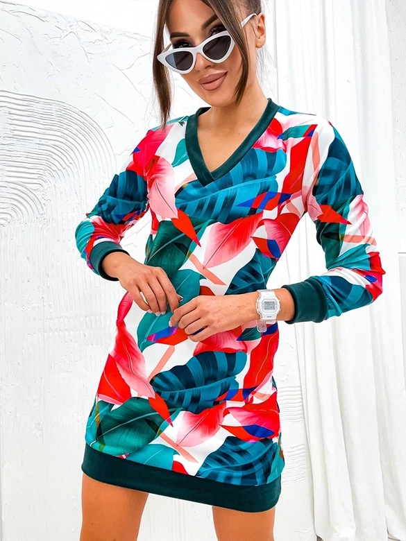 Welurowa sukienka w liście zielony/czerwony (8268)