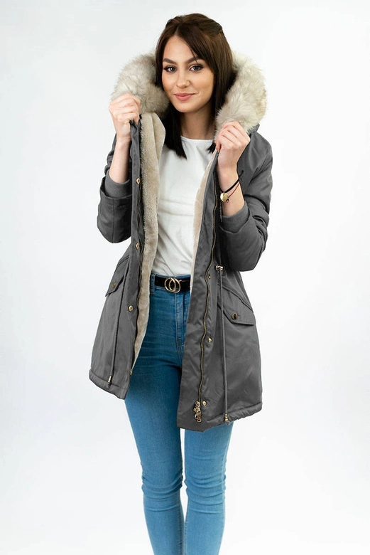 DAMSKA PARKA ZIMOWA NA FUTERKU CIEMNOSZARA (B508)
