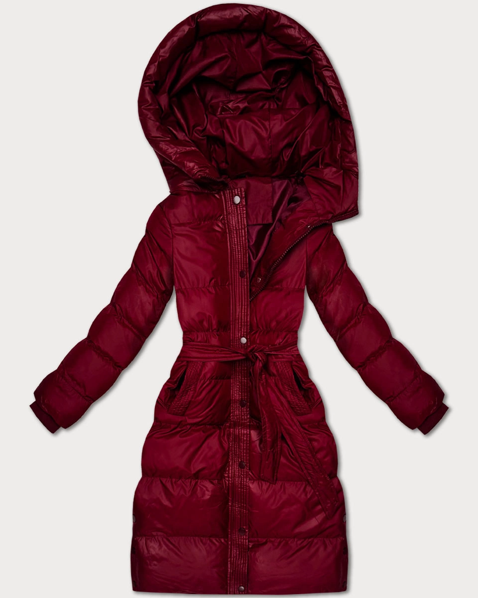 Pikowana kurtka zimowa z paskiem J Style bordowa (5M3253-1)