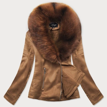 Zamszowa damska ramoneska z futerkiem karmelowa 2 (6502big)