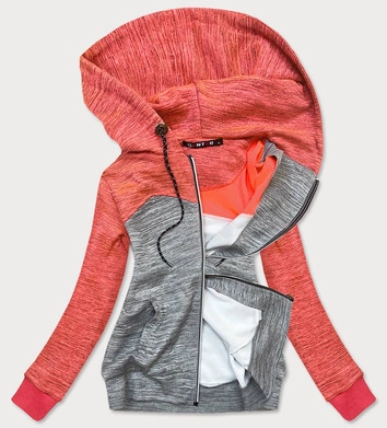 BLUZA DRESOWA DAMSKA Z KAPTUREM POMARAŃCZOWO-SZARA (16221)