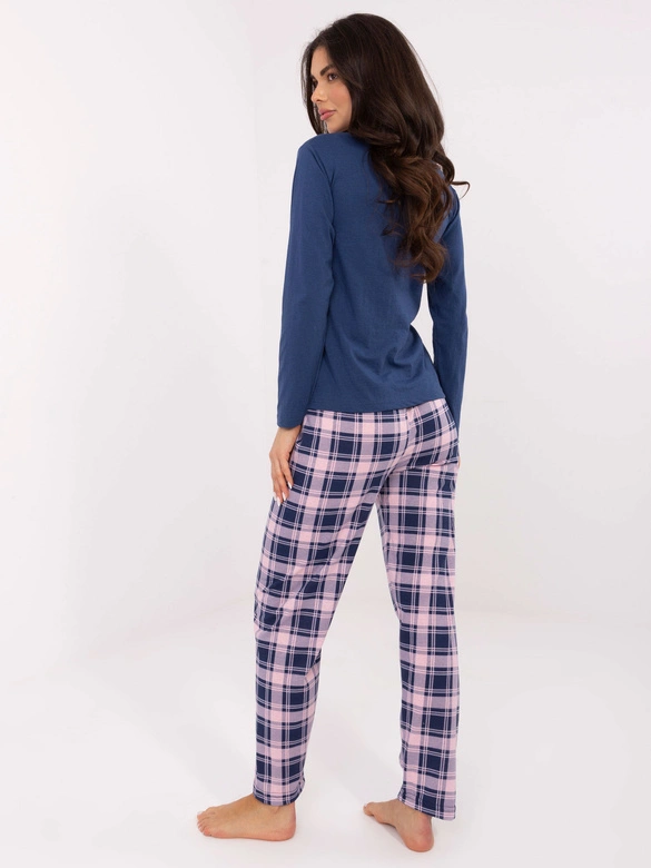 Bawełniana piżama damska ze spodniami w kratę Goodlookin granat/róż (004)