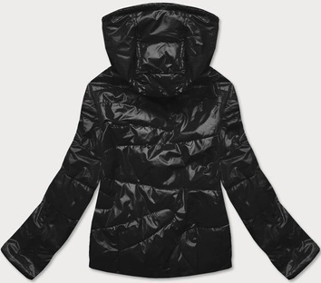 Krótka kurtka damska z kolorowym kapturem czarno/zielona (bh2005)