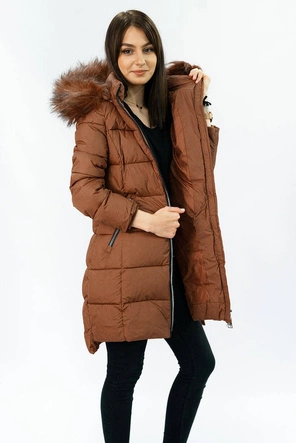 PIKOWANA DAMSKA KURTKA ZIMOWA Z KAPTUREM RUDA (7702)
