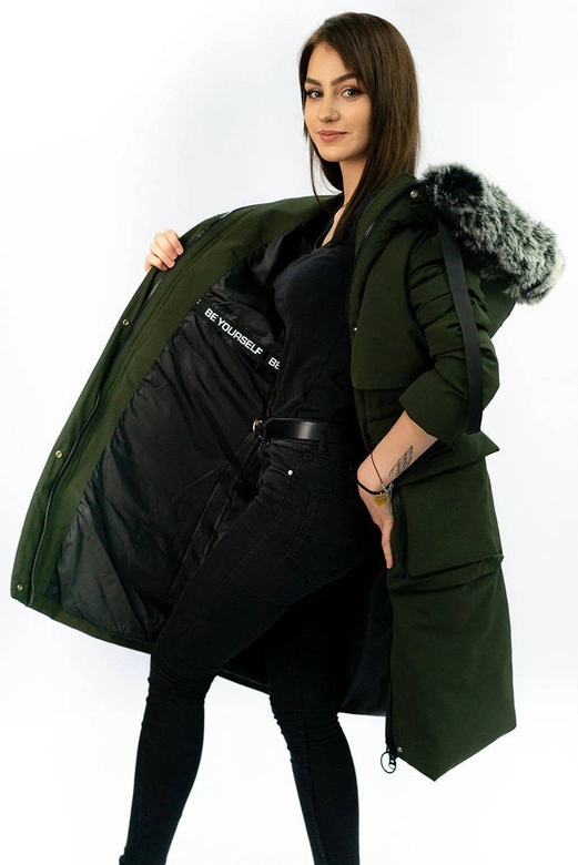 PŁASZCZ DAMSKI ZIMOWY Z PUCHEM NATURALNYM KHAKI (X7087X)