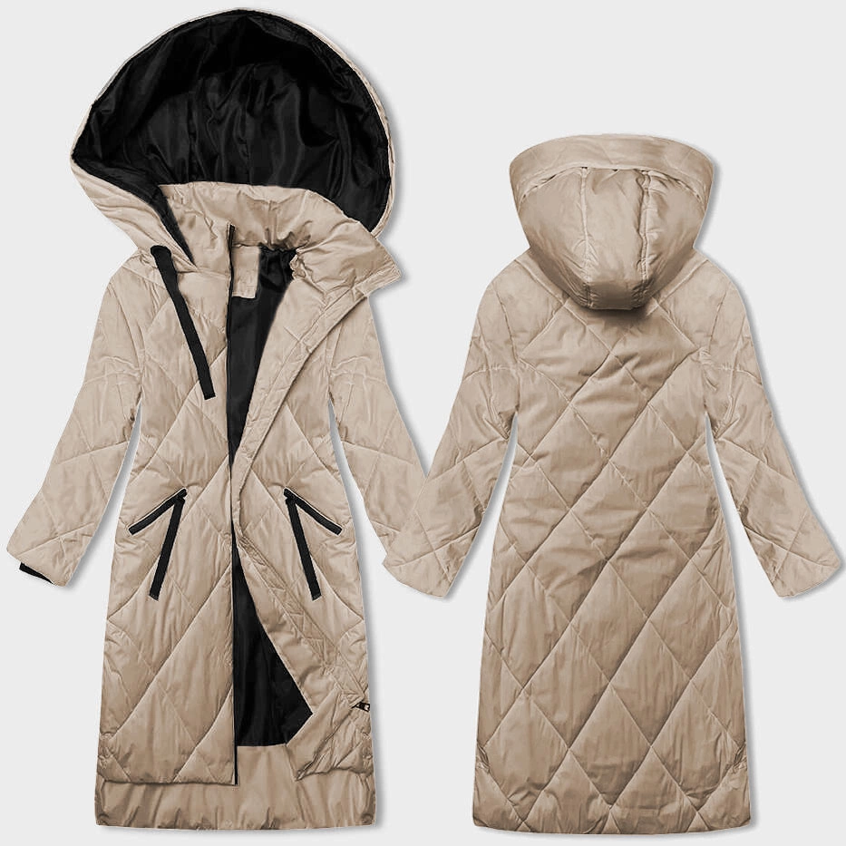 Zimowa długa kurtka damska jasny beż (5M3168-84)