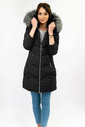 DŁUŻSZA PIKOWANA DAMSKA KURTKA ZIMOWA Z KAPTUREM CZARNA (B2643)