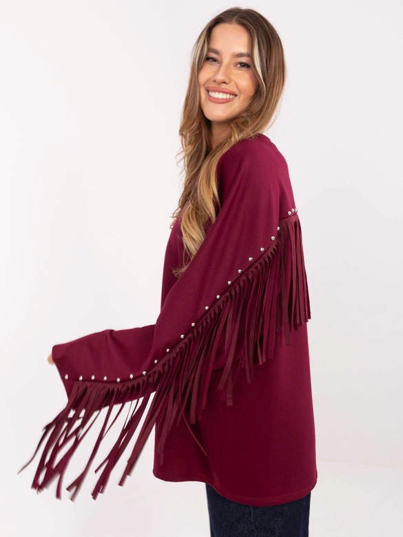 Luźna bluza damska z frędzlami bordowa (21695)