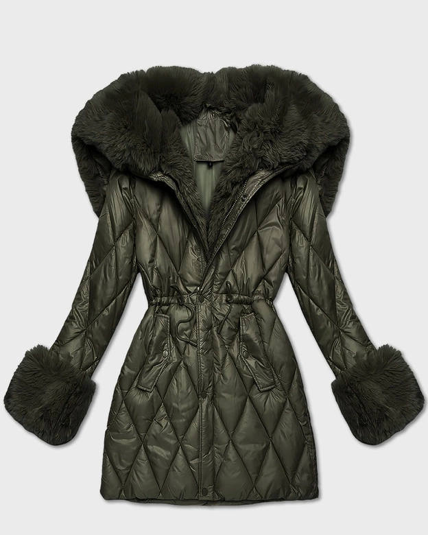 Kurtka z futrzanym kapturem tworzącym kołnierz khaki (T3-2635#-22)