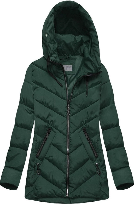 ZIMOWA PIKOWANA KURTKA DAMSKA Z KAPTUREM CIEMNOZIELONA (B2633)