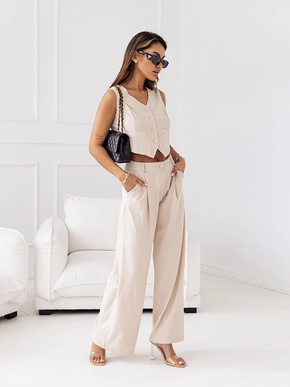 Elegancki zestaw krótka kamizelka i szerokie spodnie beżowy (VE90)