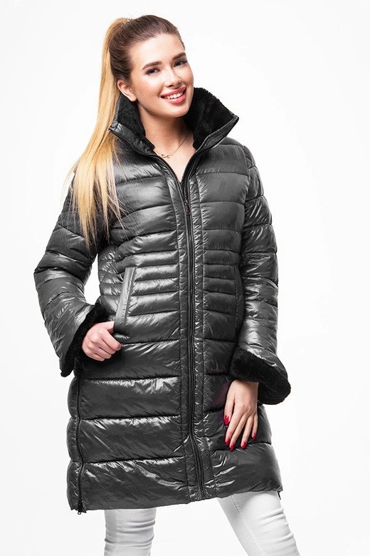 DŁUŻSZA DAMSKA PIKOWANA KURTKA ZIMOWA SZARA (J19-017)